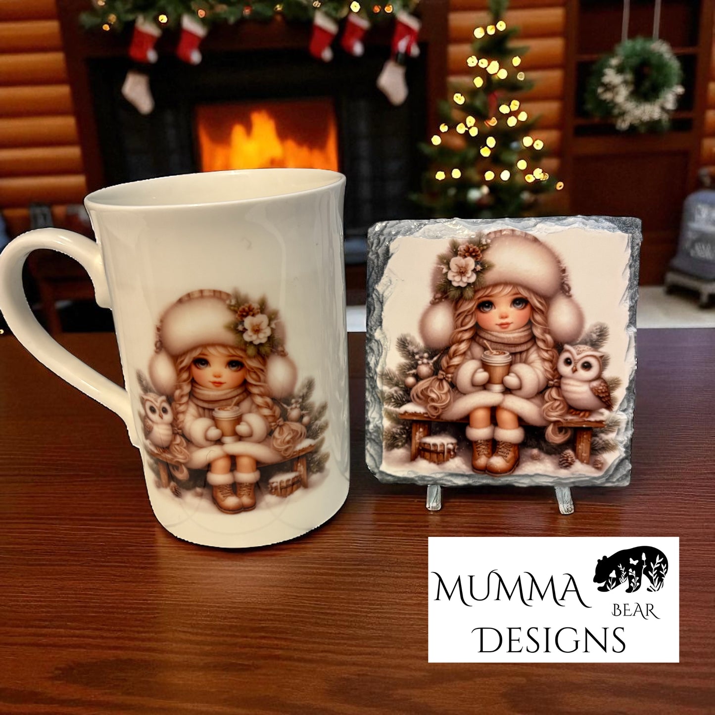 Bone China Mug with Elegant Handle & Slate Coaster Gift Set